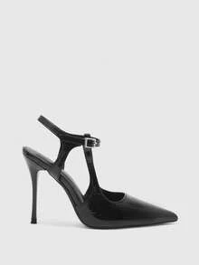CUCCOO BIZCHIC Zapatos de tacón de aguja en forma de T con parte trasera puntiaguda y vacía, hebilla de metal, tacones altos delgados para el trabajo y el desplazamiento - Negro - Ver 2