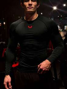 GymBeat Men's Wing Pattern Print Crew Neck Long Sleeve Simple Sports T-Shirt - Black - View 4