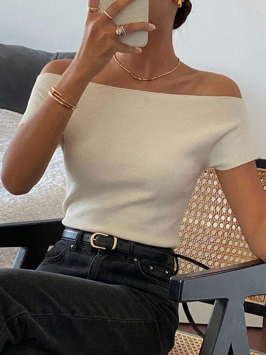 DAZY Women Off-Shoulder Short Sleeve Casual Knit Top, Solid Color - White - View 1