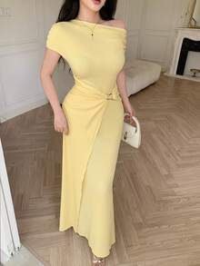 Modelyn 女款收腰修身中長洋裝，裝飾扣設計，淺黃色，適合晚餐、酒吧、派對，夏季成熟優雅風 - 淡黃色 - 查看 8