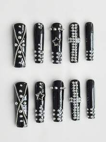 ROMWE Goth 10件裝龐克風鉚釘美甲飾品，高品質手工美甲，金屬鏈條十字造型超長棺材型假指甲 - 鏈條十字 - 查看 1
