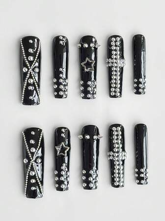 Goth 10 pezzi di arte di unghie stile punk con borchie, arte di unghie fatta a mano di alta qualità, catena metallica, croce, unghie extra lunghe a forma di bara