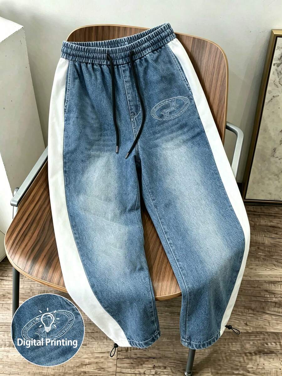 Manfinity Hypemode Men's Colorblock Patchwork Denim Effect Print Sports Long Pants, Gym - Multicolor - View 1