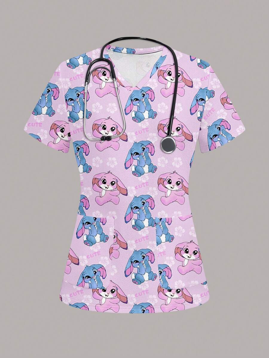 PopScrub Women's Scrub Uniform Top With Cute Rabbit Print Pattern, Suitable For Children, Pet Hospital Work White Autumn Schoolgirl - Multicolor - View 1