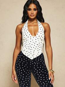 MISSGUIDED X Carli Bybel Polka Dot Halter Neck Corset Crop Top With Button Front Detail And Structured Boning Summer Style - Black and White - View 7