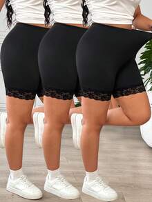 SHEIN EZwear 大码女士休闲撞色蕾丝短裤，多条装 - 黑色 - 查看 4