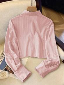 GlowEve Camisa Casual Feminina de Manga Longa com Listras, Bolso e Abotoamento Simples - Coral - Visão 2