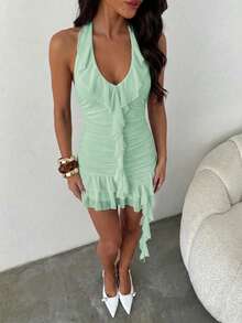 Aloruh Women's Solid Color Patchwork Ruffle Sexy Halter Neck Mini Dress - Green - View 4