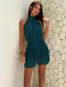 Aloruh Women's Sexy Elegant Halter Neck Ruched Waist Ruffle Double Layer Hem Mini Dress - Teal Blue - View 5
