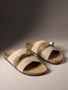 SHUZIA Men's Horn Buckle Design Casual Flat Slide Sandals For Daily Wear - Beige - View 2