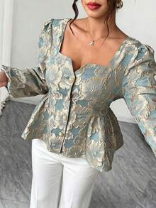 Elenzga Plus Size Light Blue Autumn Elegant Wedding Textured Jacquard Embroidered Open Front Long Sleeve Puff Sleeve Square Neck Pearl Button French Shirt - Mint Green - View 6