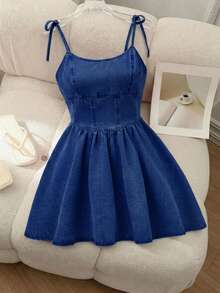 SHEIN MOD Women's Lace-Up Spaghetti Strap Denim Mini Dress - Dark Wash - View 1