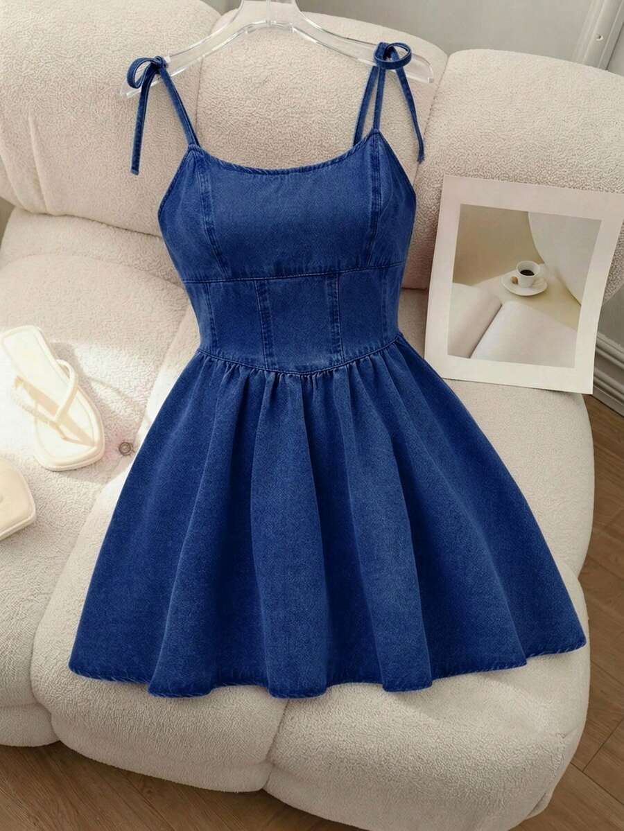 SHEIN MOD Women's Lace-Up Spaghetti Strap Denim Mini Dress - Dark Wash - View 1