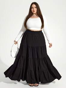SHEIN Unity Jennifer_samantha_style Plus Size Women Black Big Swing Hem Long Skirt, For Apple Rounded Body Shape, For Body Shape, For Summer - Black - View 7