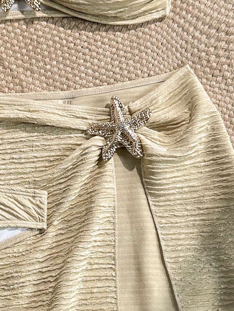 Soleia Women's Summer Beach Metal Starfish Decor Bandeau Sexy Fashion Bikini Two-Piece Swimsuit Set With Cover-Up Skirt, Textured Fabric - Khaki - View 6