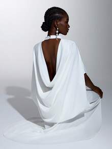 Elitara Elegant Women's Minimalist White Halter Neck Stand Collar Backless Floor-Length Mermaid Formal Evening Gown For Wedding Party - White - View 5
