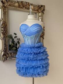 Lovelzi Elegant Princess Blue Satin Sweetheart Strapless Lace Applique Embroidered Corset Boned Tiered Ruffle Tulle Mini A-Line Dress Prom Homecoming Party - Baby Blue - View 5