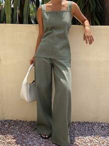 Livesso Square Neck Sleeveless Top Long Pants Women's Denim Set Vacation Sage Green Summer - Green - View 8