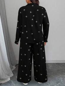 SHEIN CURVE+ 大尺碼女款兩件套秋季套裝，多功能高級印花蝴蝶結設計 - 黑色 - 查看 2