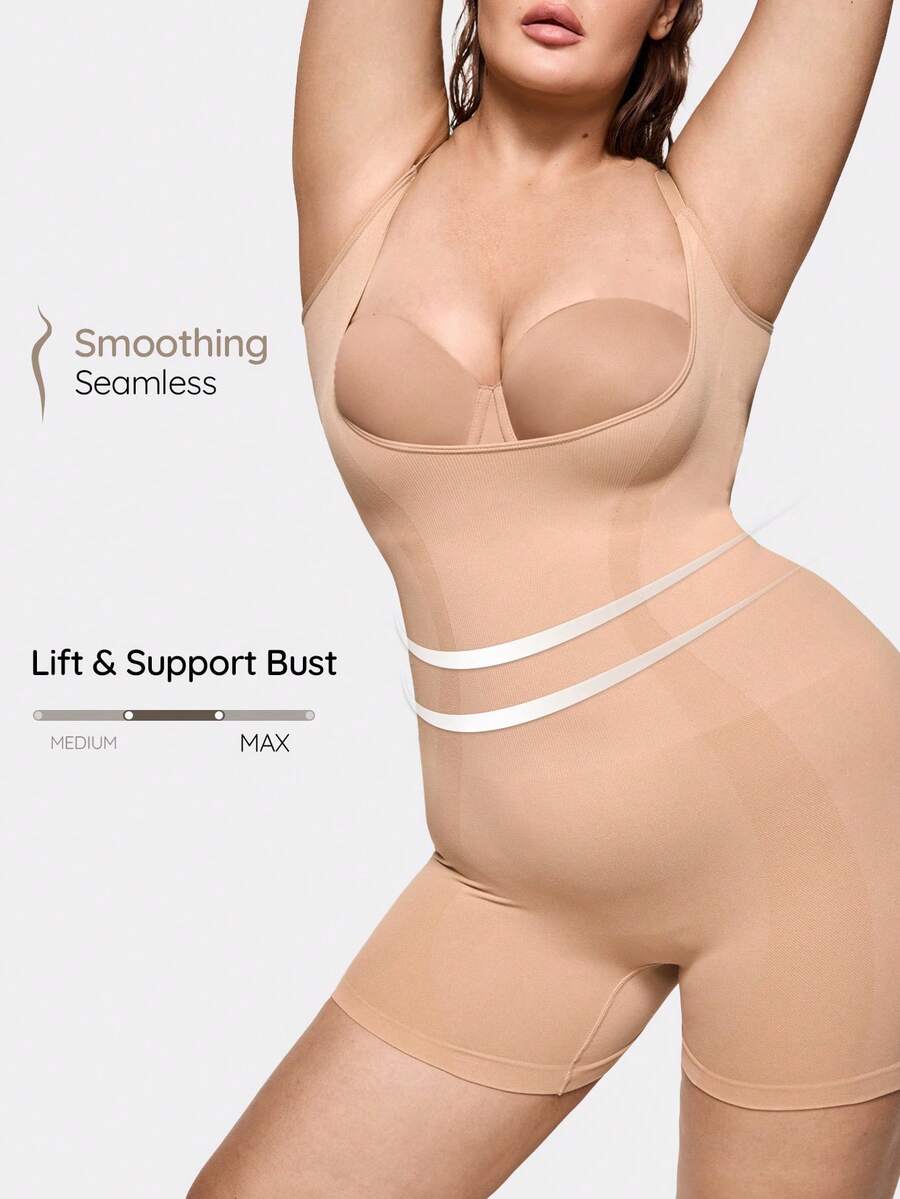 SHAPORA 1pc Seamless Plus Size Women Tummy Control Open Bust Shapewear - Apricot - View 1