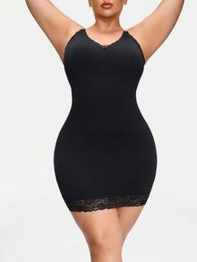 SHAPORA Plus Size Women Solid Color Lace Patchwork Bodycon Camisole Dress - Black - View 3