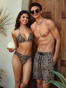 Azuldrift Men's Leopard Print Drawstring Waist Casual Beach Shorts Holiday / Vacation / Beach / Hawaii / Tropical / Swim /  Bathing - Coffee Brown - View 5