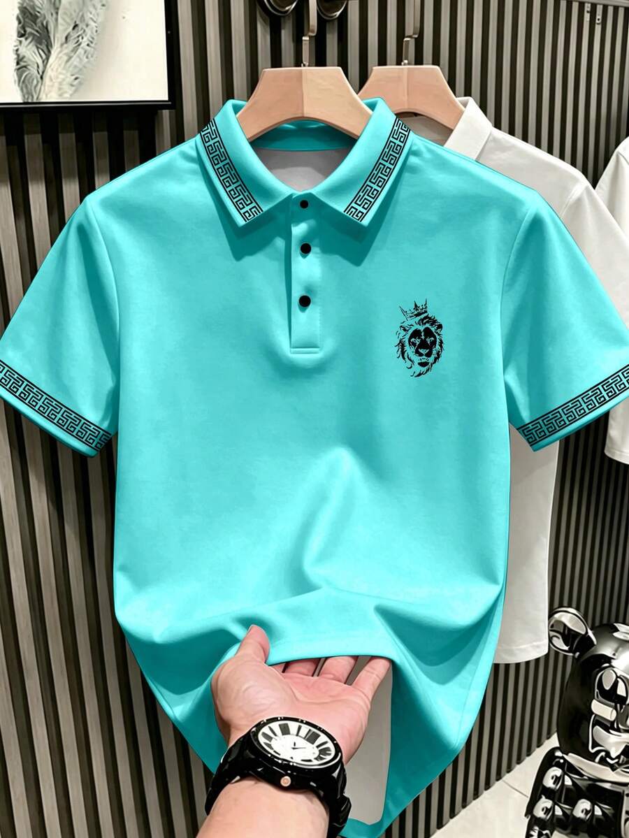 Manfinity Hypemode 男士經典時尚休閒青藍色 Polo 衫,皇冠獅子印花領口,短袖,儀式場合適用 - 彩色 - 查看 1