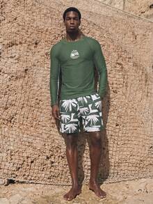 Palasendo 2pcs Men's Palm Tree Print Long Sleeve Top And Slant Pocket Shorts Set - Multicolor - View 5