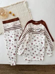 Cozy Pixies Set Piyama Bayi Perempuan Pas Badan, Atasan Pullover Lengan Panjang Leher Bulat Lembut Rajut Motif Bunga, Celana Panjang Pinggang Elastis, Set 4 Potong - Coklat - View 6