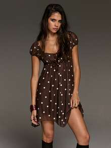 BAD SUNDAY All Seasons Women's Elegant Lace Trim Blue And White Polka Dot Asymmetric Hem Short Sleeve Ruched Mini Dress, Versatile For Commuting And Outings, Y2K Vintage Millennium Hot Girl Style - Coffee Brown - View 1