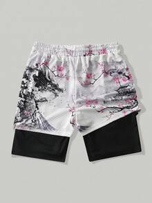 ROMWE MEN Anime Men's Printed Basketball Shorts With 2 In 1 Design, Suitable For Daily Wear In Spring And Summer - White - View 2