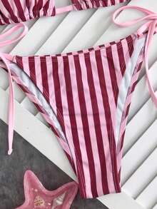 Swim Mod 女款夏季新款性感掛脖綁帶低腰三角比基尼套裝，海軍藍配白色圓點印花 - 紅色 - 查看 4