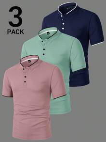 Manfinity Homme 男士短袖半鈕扣素色滾邊 Polo 衫套裝，儀式用 - 彩色 - 查看 5