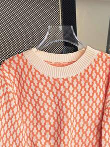 SHEIN Raffinéa Allover Print Contrast Trim Drop Shoulder Sweater,Long Sleeve Tops Knit Pullover Fall Winter Sweater - Orange - View 4