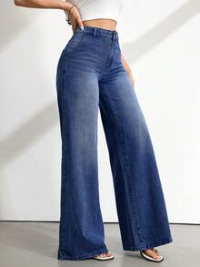 SHEIN Tall 女款高腰寬腿牛仔褲復古藍色水洗休閒夏季度假穿搭女款休閒水洗高腰寬腿牛仔褲 - 深色水洗藍 - 查看 4