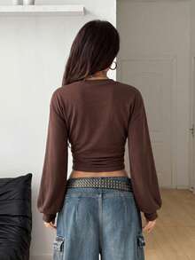 Coolane Women's Fall Back To School Basic Solid Color Pleated Asymmetrical Neck Long Sleeve Brown Sweatshirt - Coffee Brown - View 4