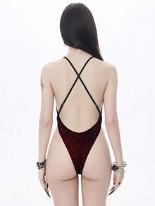 ROMWE Women's Dark Green,Summer,Goth,Party Spider Web One-Piece Swimsuit,Backless Cross Textured Fabric Elegant Beach Vacation Style Monokini - Burgundy - View 3