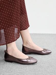 CUCCOO BIZCHIC Spring And Autumn Bow Decoration Square Toe Flat Bottom Sweet Style Ballet Shoes Commuter Dating Fall Shoes - gun color - View 3