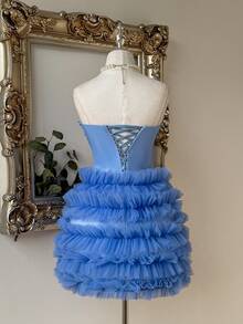 Lovelzi Elegant Princess Blue Satin Sweetheart Strapless Lace Applique Embroidered Corset Boned Tiered Ruffle Tulle Mini A-Line Dress Prom Homecoming Party - Baby Blue - View 3