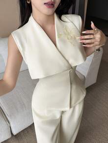Feyla New Arrival Summer Collared Embroidered Cinched Waist Elegant Casual Business Commuting Versatile 2 Pieces Set Office Brunch Beige Pastel - Apricot - View 6