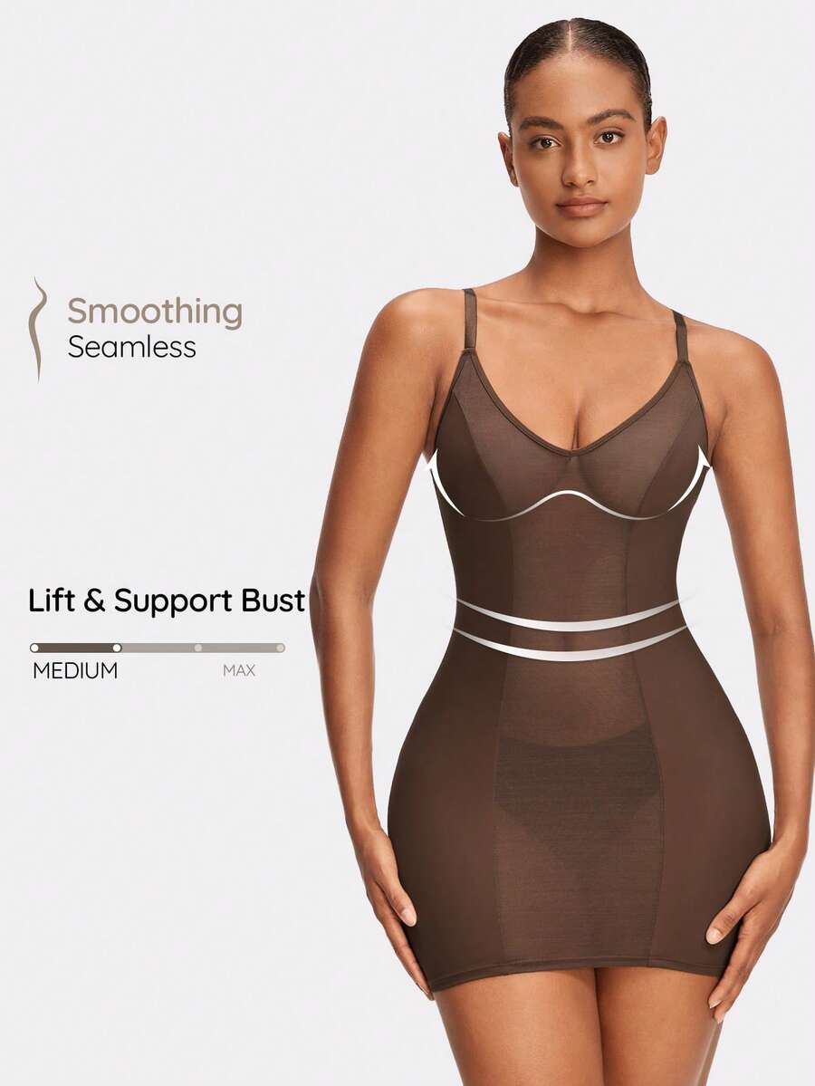 SHAPORA Women's Splicing See-Through Mesh Cami Bodycon Dress - Brown - View 1