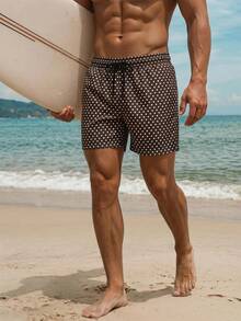 Manfinity Swimmode 男士波點圖案休閒海灘短褲，適合度假 - 咖啡棕 - 查看 4