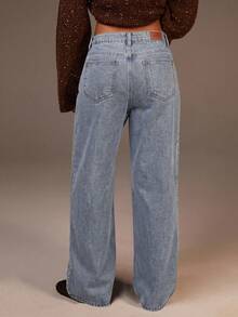 Athîral Denim 女款鉚釘設計口袋直筒寬鬆休閒牛仔長褲 - 藍色 - 查看 2