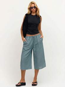 MUSERA Linen Feel Tie Front Cropped Pants Spring Summer Vacation Beach Casual Cute Everyday Boho Airport Holiday Teal Blue Lake Blue Aqua - Teal Blue - View 1