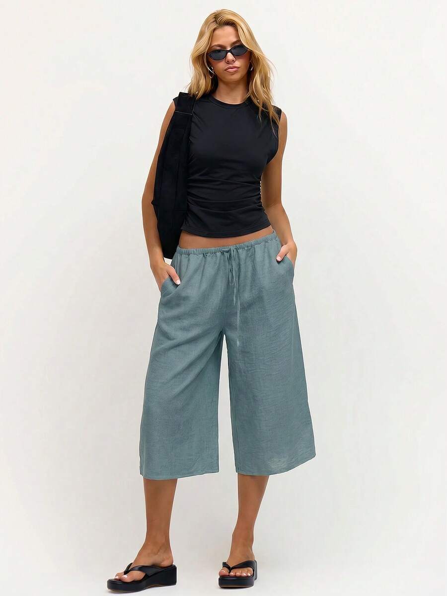 MUSERA Linen Feel Tie Front Cropped Pants Spring Summer Vacation Beach Casual Cute Everyday Boho Airport Holiday Teal Blue Lake Blue Aqua - Teal Blue - View 1