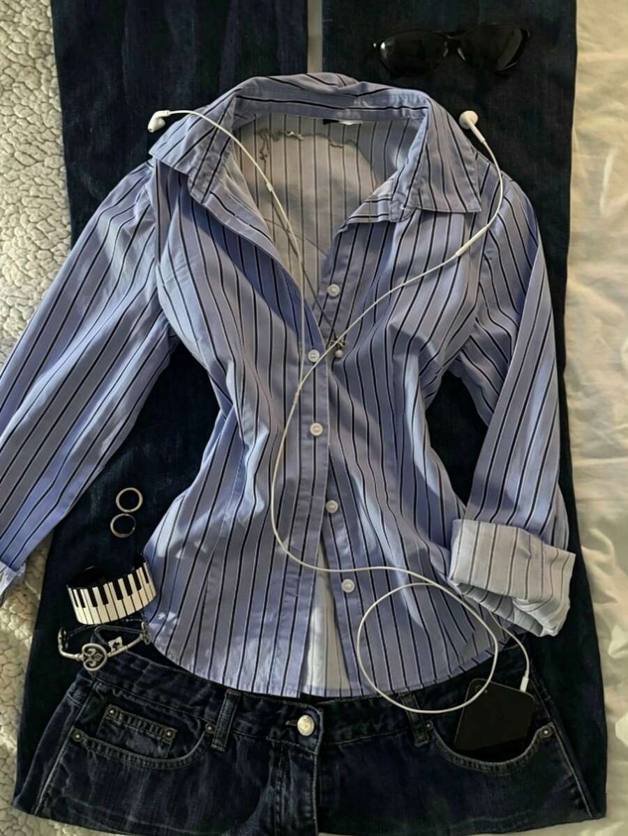 IslaSuriya Slim Fit Blue Striped Button Down Shirt, Y2K Preppy Style Long Sleeve Top For Daily Commute & Casual Wear - Multicolor - View 1