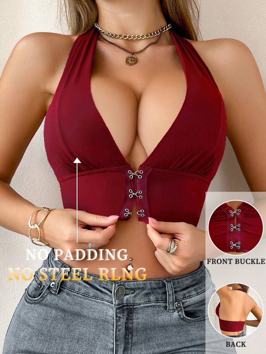 SHEIN Front Closure Women's Non-Wired Bra, 1pc - Burgundy - View 1
