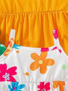 SHEIN Playful Pals 2025新款夏季女嬰無袖細肩帶洋裝套裝，滿版碎花印花與素色洋裝，田園風，多巴胺配色，時尚可愛，3件/套 - 彩色 - 查看 8