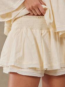 WESTFADE 100% Cotton Gauze Convertible Off Shoulder Tiered Ruffle Top & Smocked Waist Tiered Raw Edge Flowy Skort Women Two Pieces Matching Sets, Country Style - Apricot - View 5