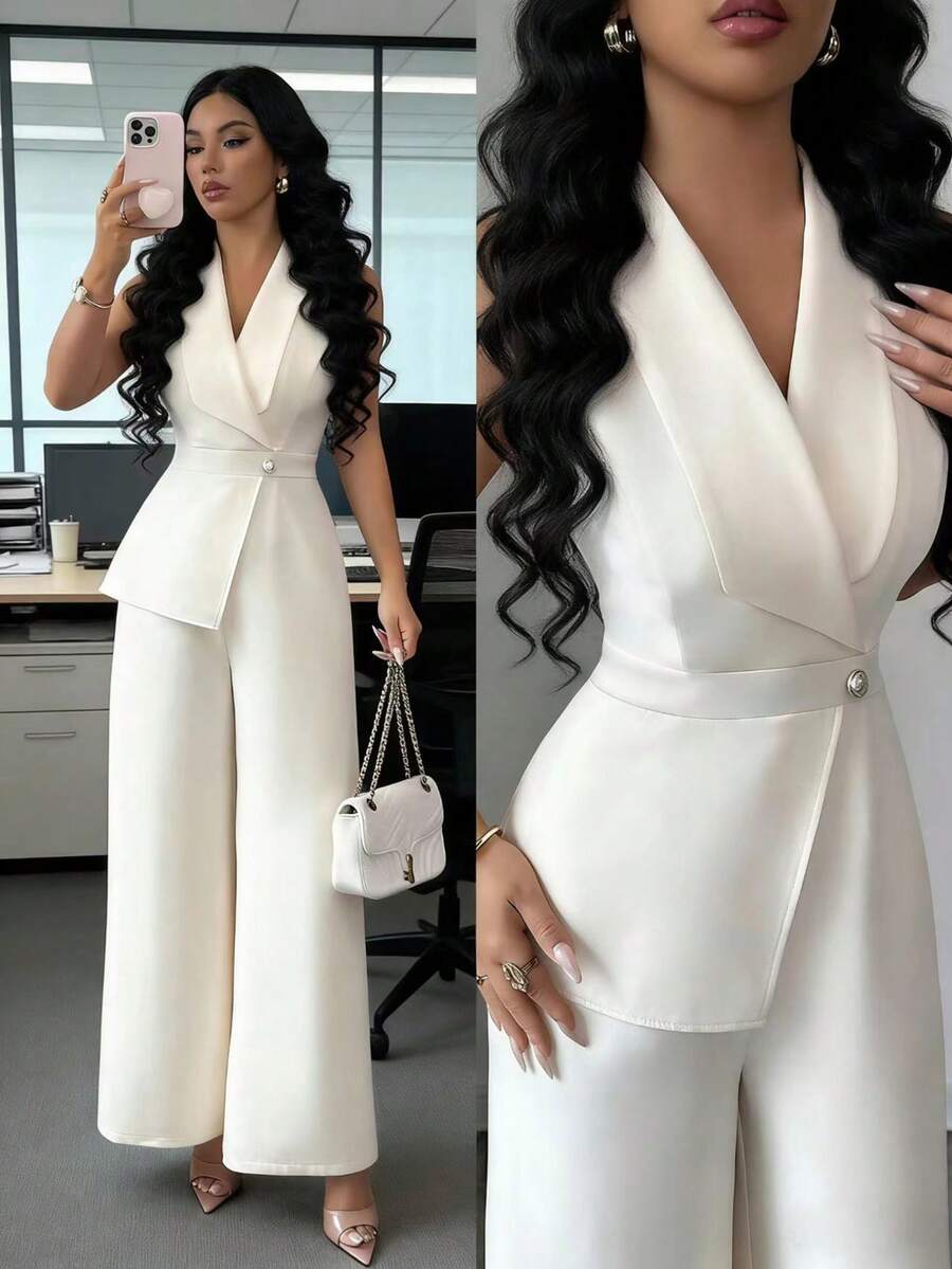 Elenzga petite Women's Apricot Solid Color Fabric V-Neck Lapel Collar Cinched Waist Panel Design High-End Elegant Professional Workwear High-Presence Meeting Outfit Teacher Style Collegiate Campus Style Valentine's Day Carnival Labor Day Easter Travel Vacation Street Style Spring Jumpsuit Summer Jumpsuit Spring/Summer New Essential Versatile Short Jumpsuit - Apricot - View 1